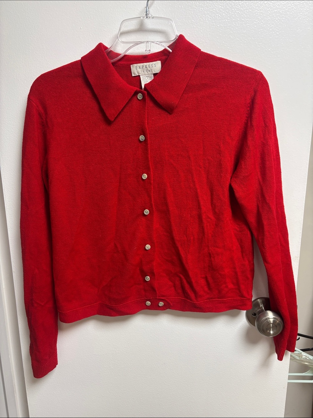 Express Red Button-Front Collared Knit Top